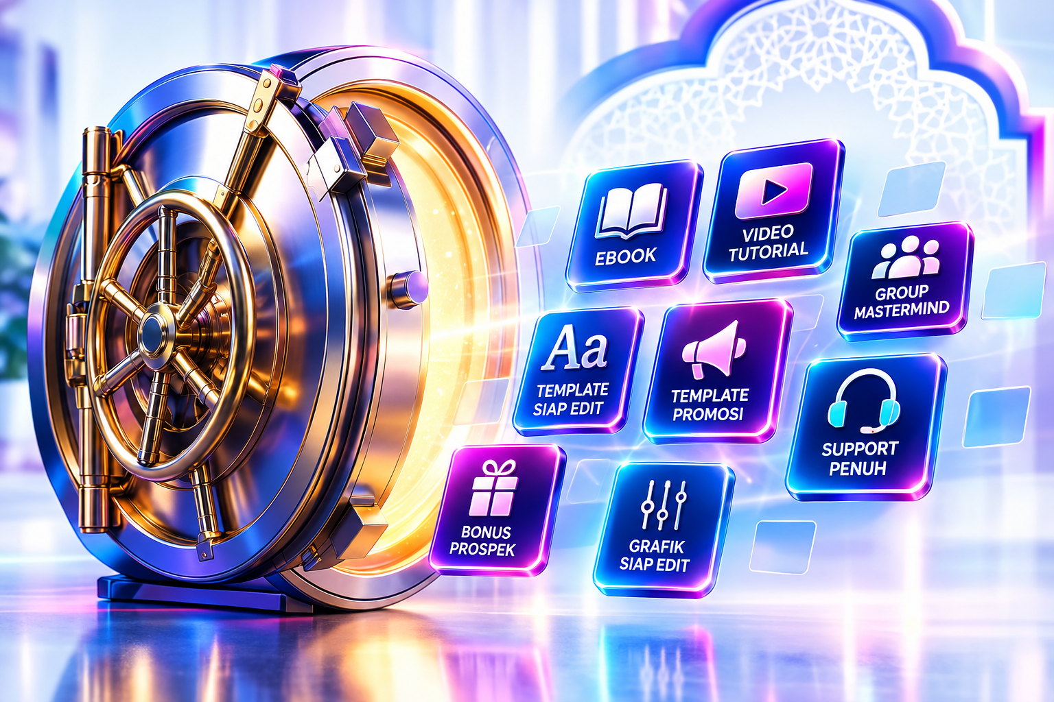 Pintu vault emas terbuka dengan ikon aset digital: Ebook, Video Tutorial, Template Siap Edit, Template Promosi, Group Mastermind, Bonus Prospek, Grafik Siap Edit dan Support Penuh
