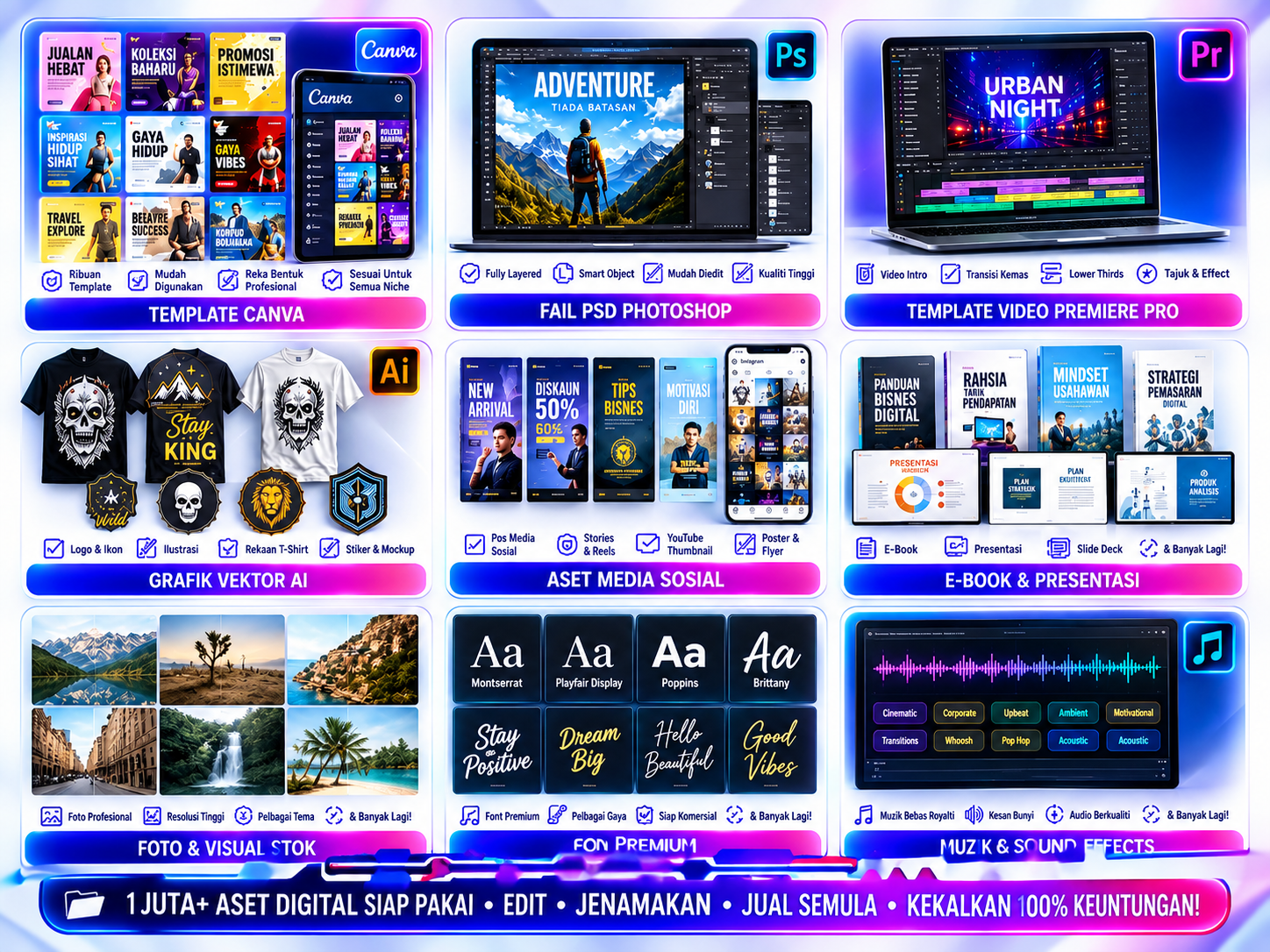 Grid pratonton aset digital: template Canva, fail PSD, template Premiere Pro, grafik vektor AI, aset media sosial, e-book, foto stok, fon premium dan muzik