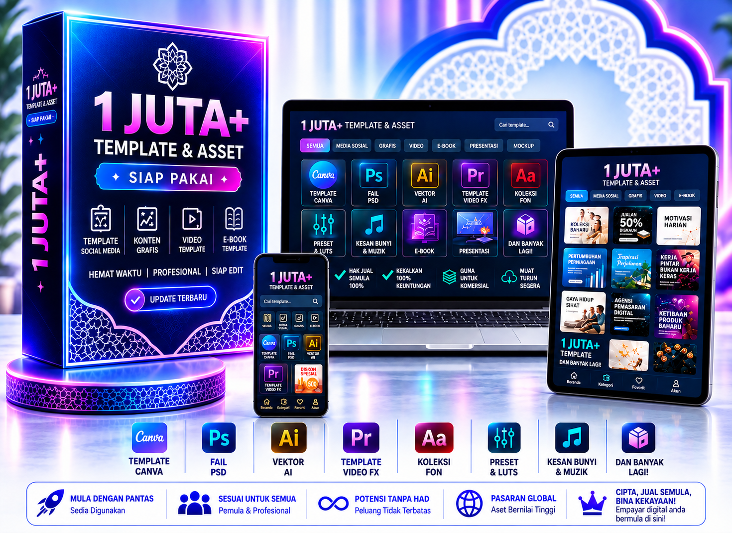 Poster 1 JUTA+ Template & Aset: kotak produk premium, laptop, tablet dan telefon pintar memaparkan pelbagai kategori aset digital